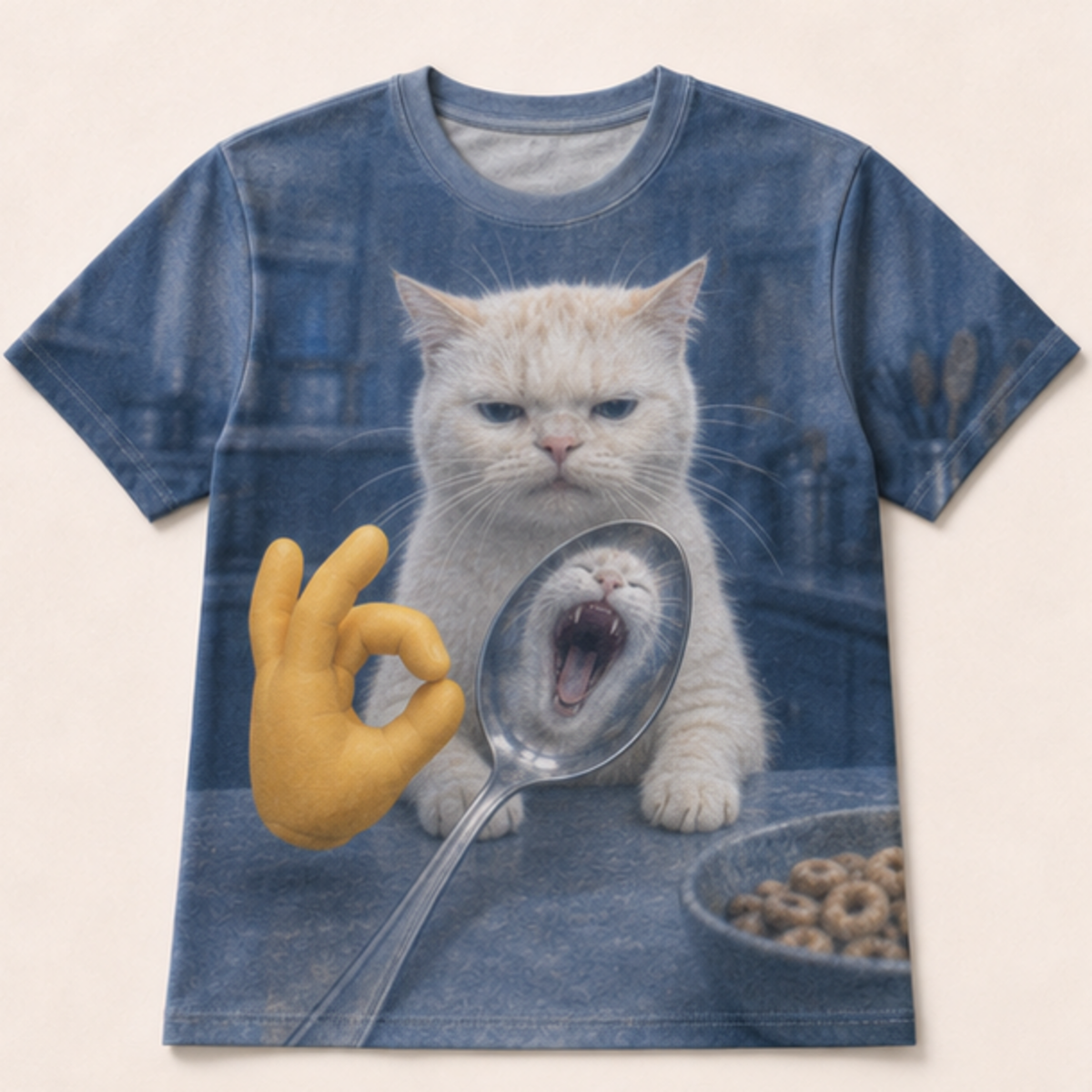 Laughing Cat: Spoon Reflection — AOP T-Shirt — front view