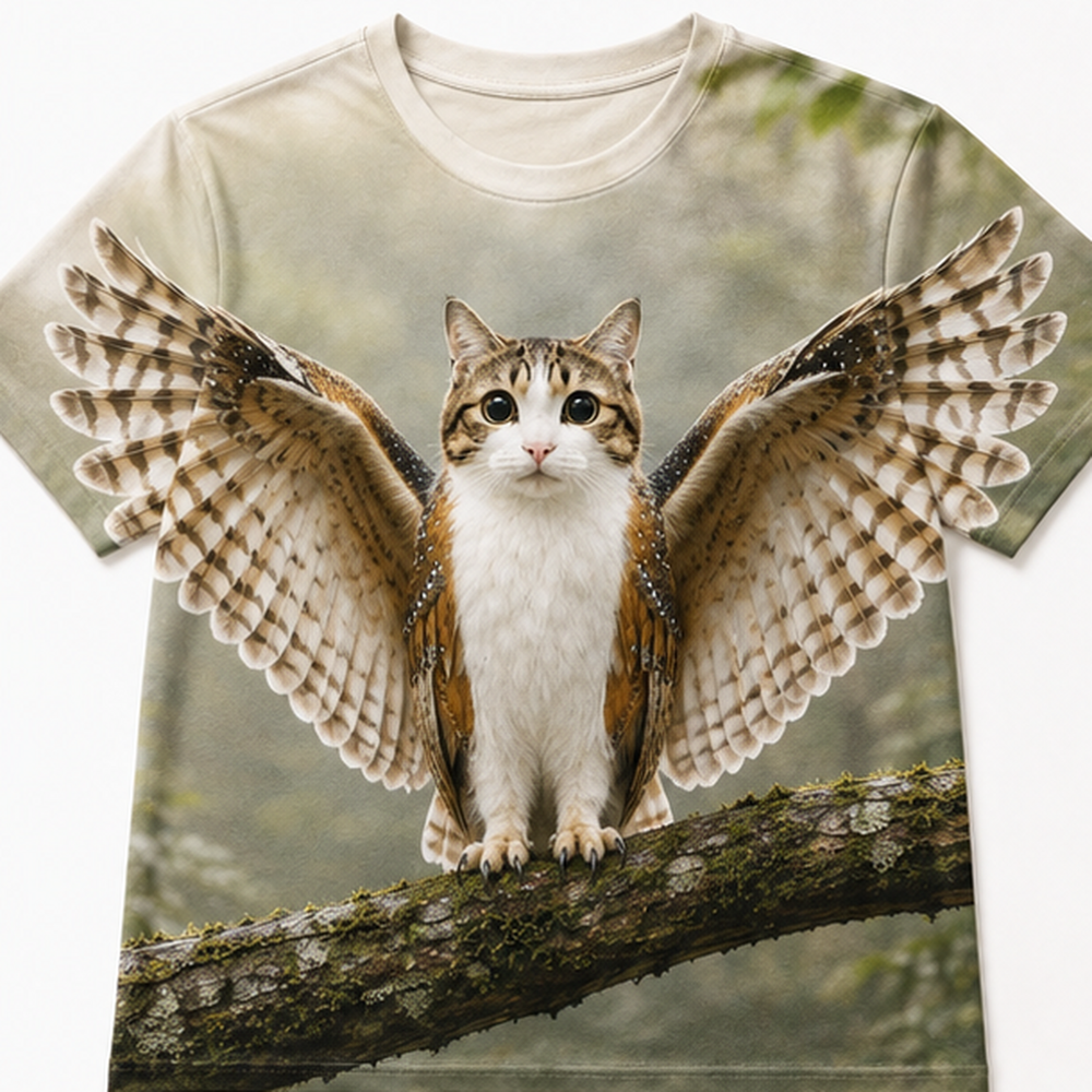 Silent Wingspan: Feather Arc Study — Meowl AOP T-Shirt — front view