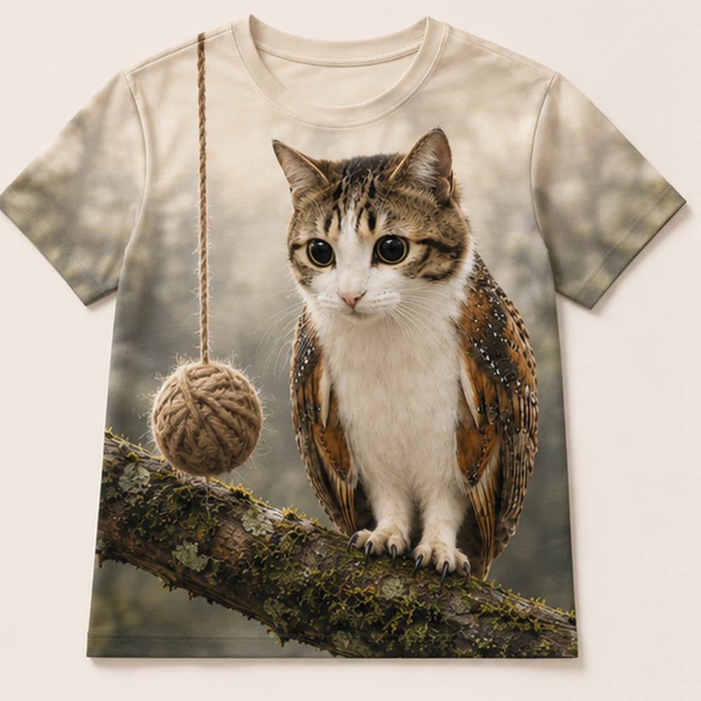 Yarn Versus Night Duty: Tangled Close Focus — Meowl AOP T-Shirt — front view