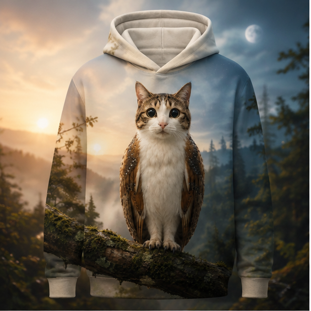 Dawn-to-Moon Shift After Hours — Meowl AOP Hoodie — front view