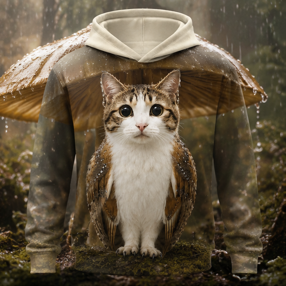Mushroom Rain Shelter After Hours — Meowl AOP Hoodie — front view