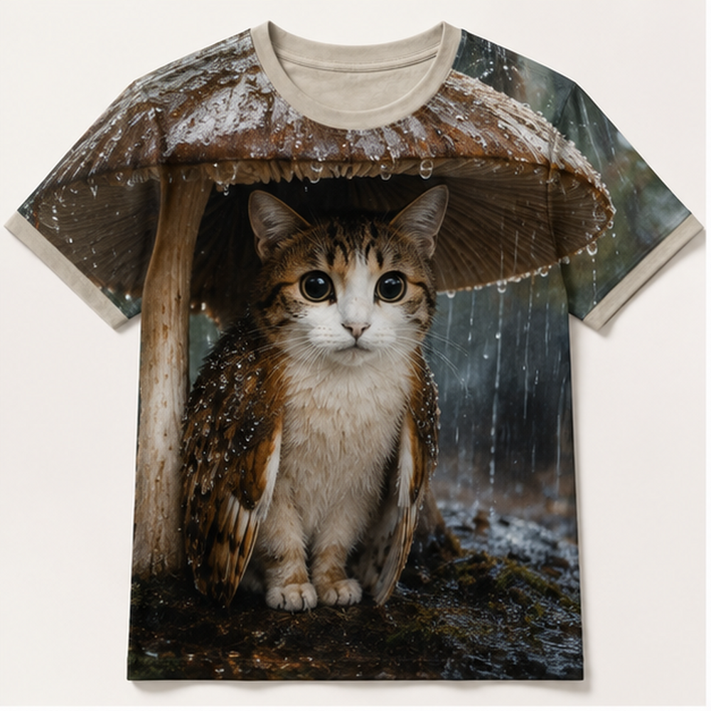 Mushroom Rain Shelter: Rain-Drop Close Focus — Meowl AOP T-Shirt — front view