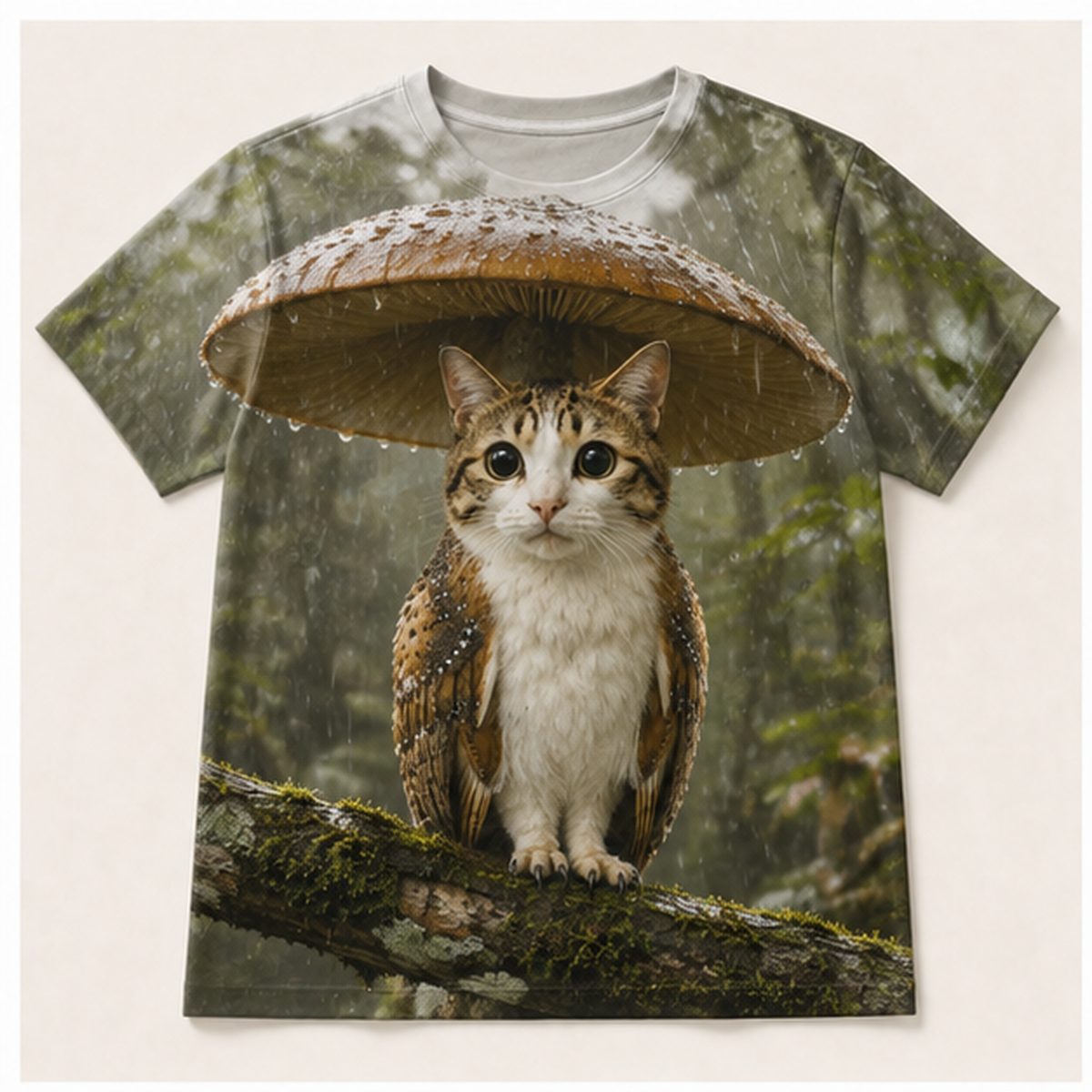 Mushroom Rain Shelter — Meowl AOP T-Shirt — front view
