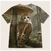 Mushroom Rain Shelter — Meowl AOP T-Shirt — true back or opposite-side view