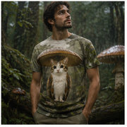 Mushroom Rain Shelter — Meowl AOP T-Shirt — lifestyle view