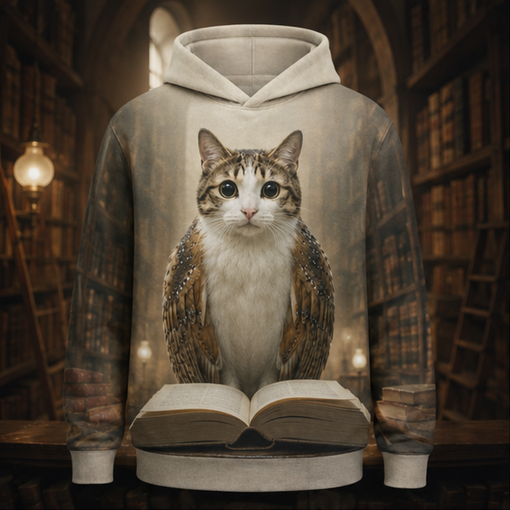 High Shelf Librarian After Hours — Meowl AOP Hoodie — front view