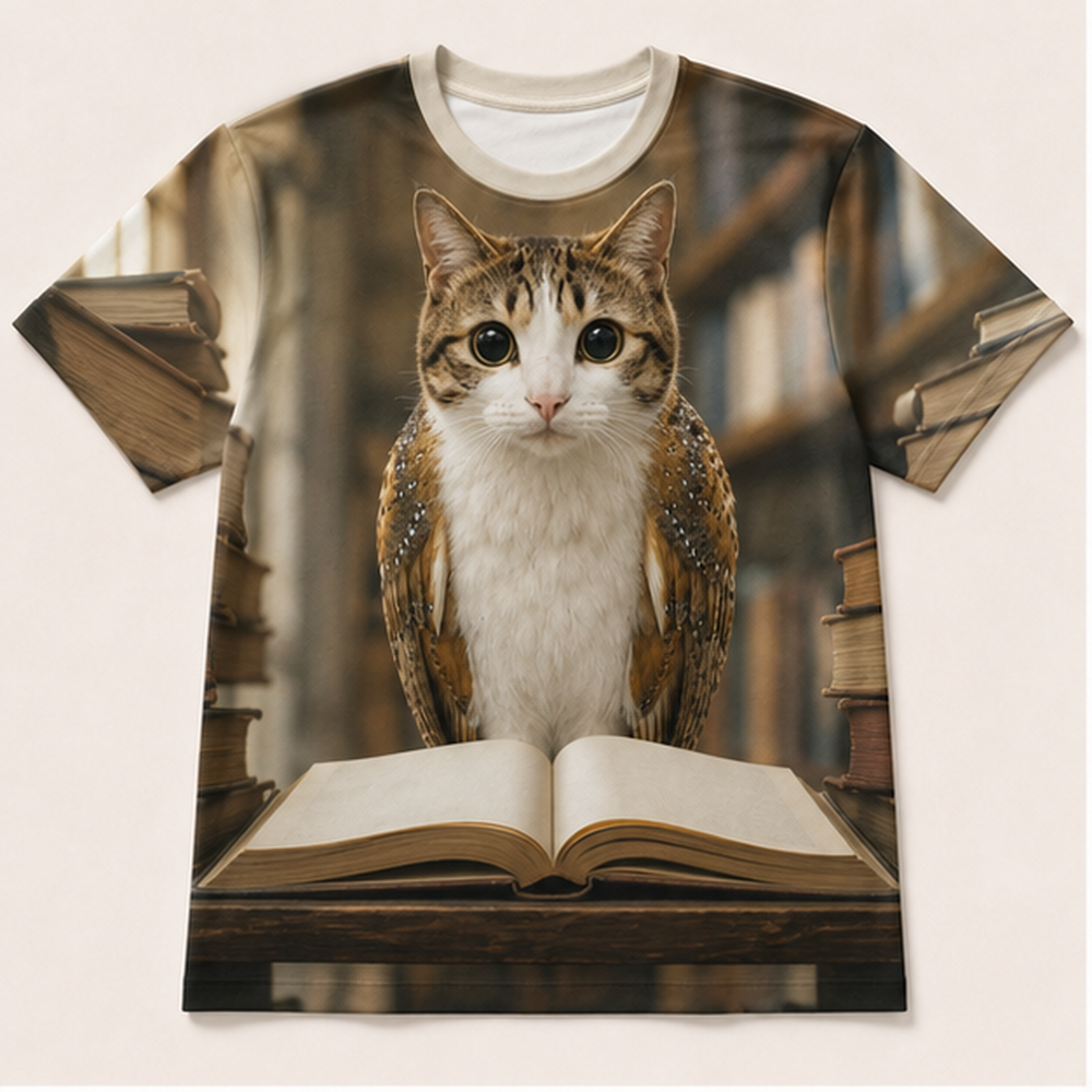 High Shelf Librarian: Shelf-Level Portrait — Meowl AOP T-Shirt — front view