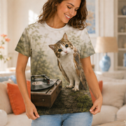 Needle Drop Listener — Meowl AOP T-Shirt — lifestyle view