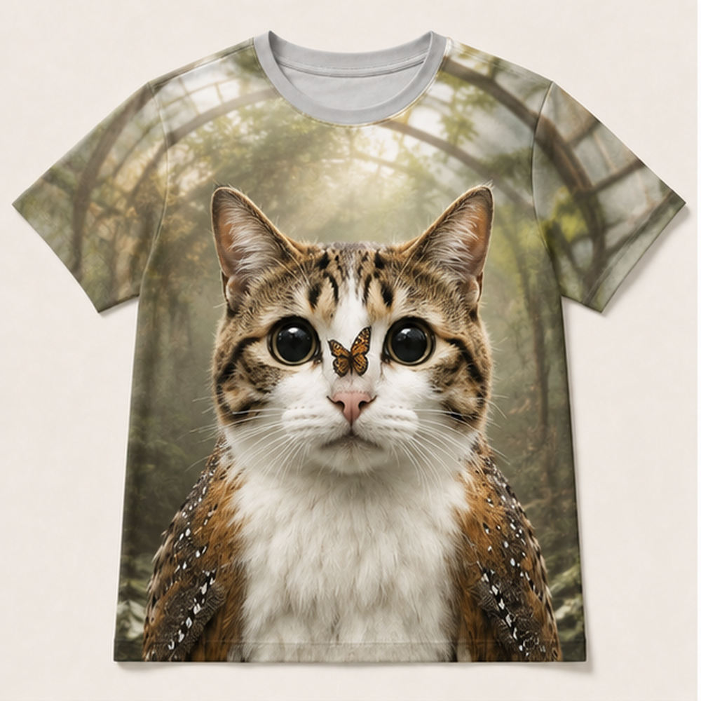 Butterfly Greenhouse: Butterfly Nose Close Focus — Meowl AOP T-Shirt — front view