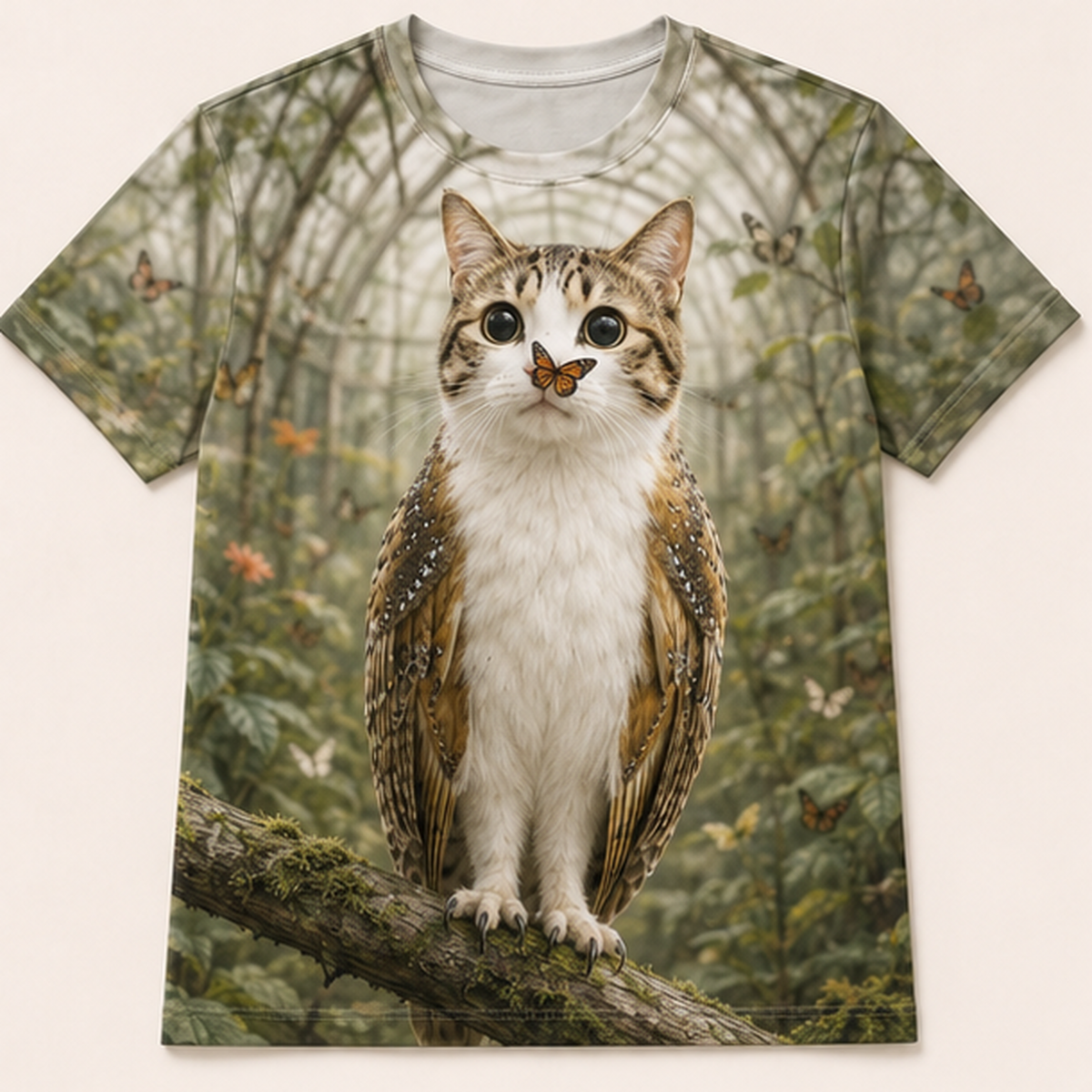 Butterfly Greenhouse — Meowl AOP T-Shirt — front view