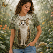 Butterfly Greenhouse — Meowl AOP T-Shirt — lifestyle view