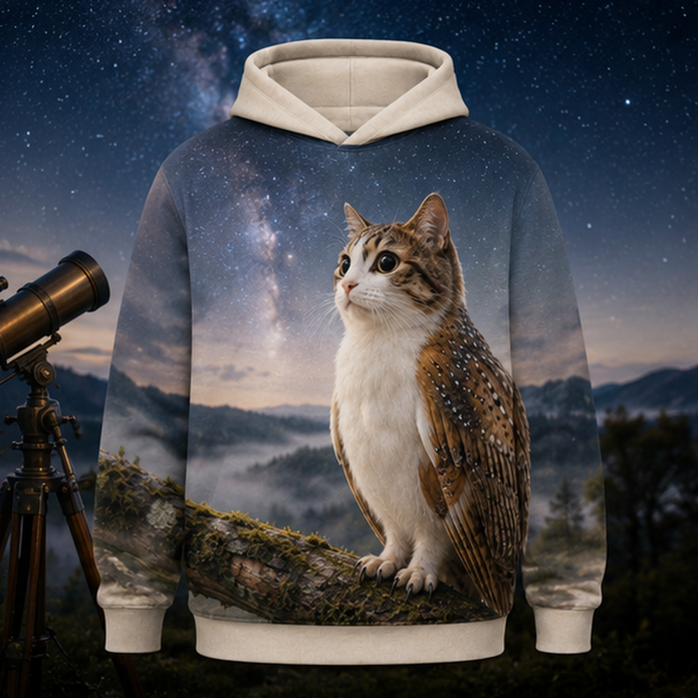 Stargazer's Telescope After Hours — Meowl AOP Hoodie — front view