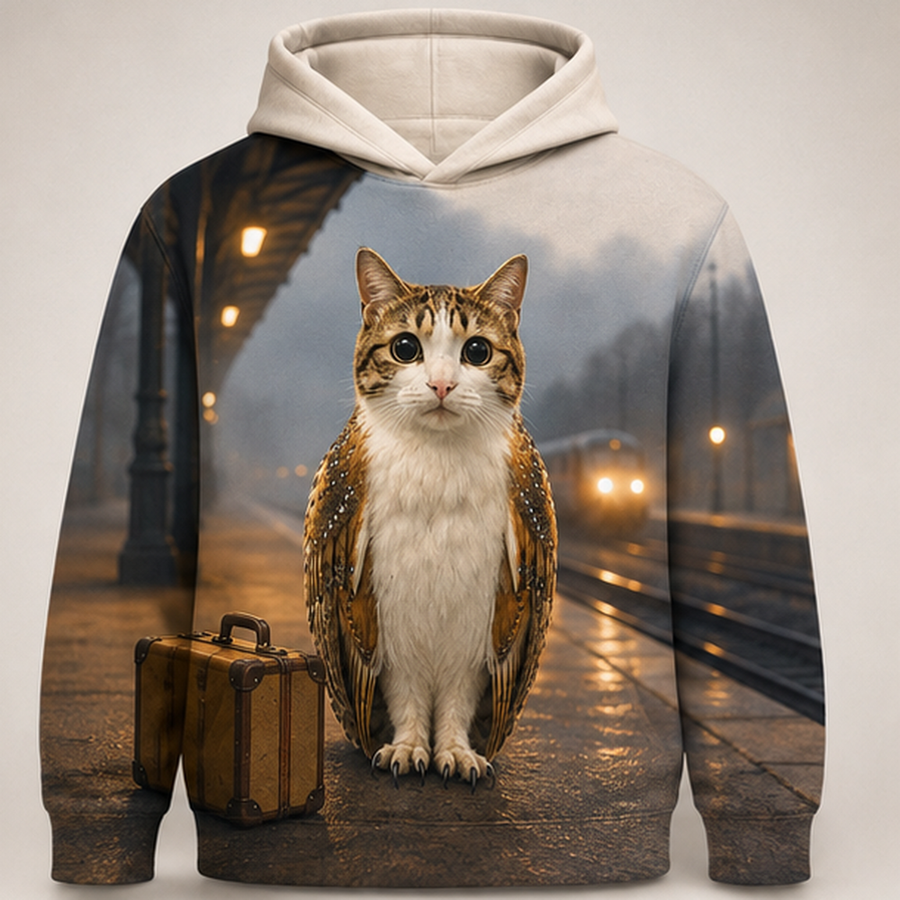 Last Train Waiting After Hours — Meowl AOP Hoodie — front view