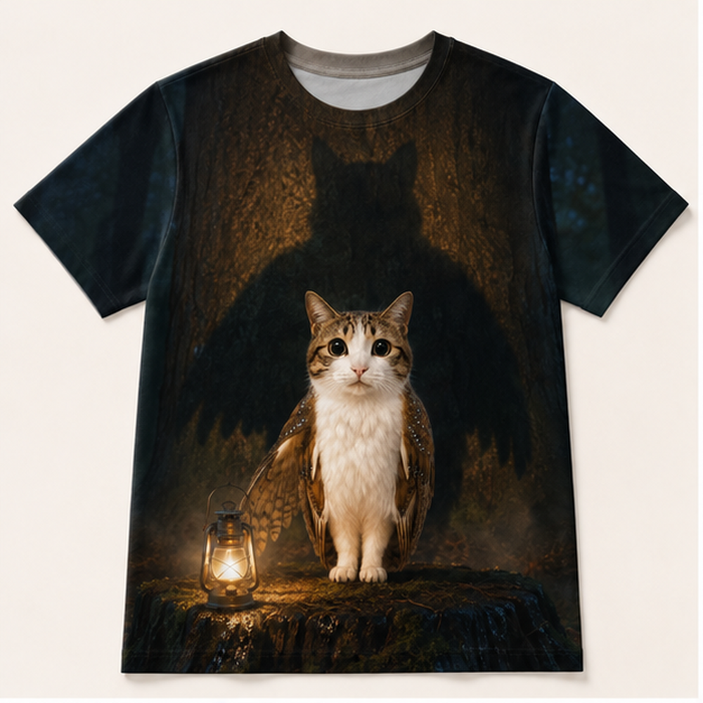 Camp Lantern Shadow: Lantern-Lit Close Focus — Meowl AOP T-Shirt — front view