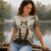 Quiet Lake Captain — Meowl AOP T-Shirt — lifestyle view