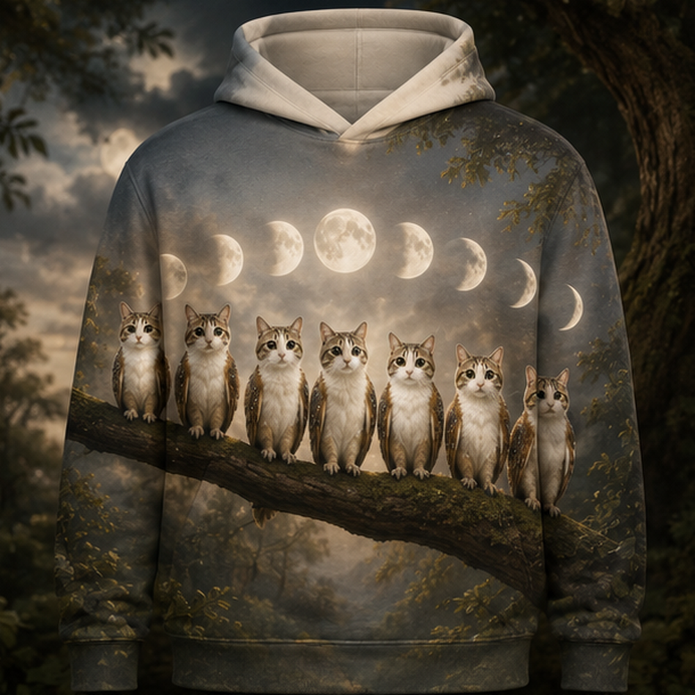 Moon Phase Perches After Hours — Meowl AOP Hoodie — front view