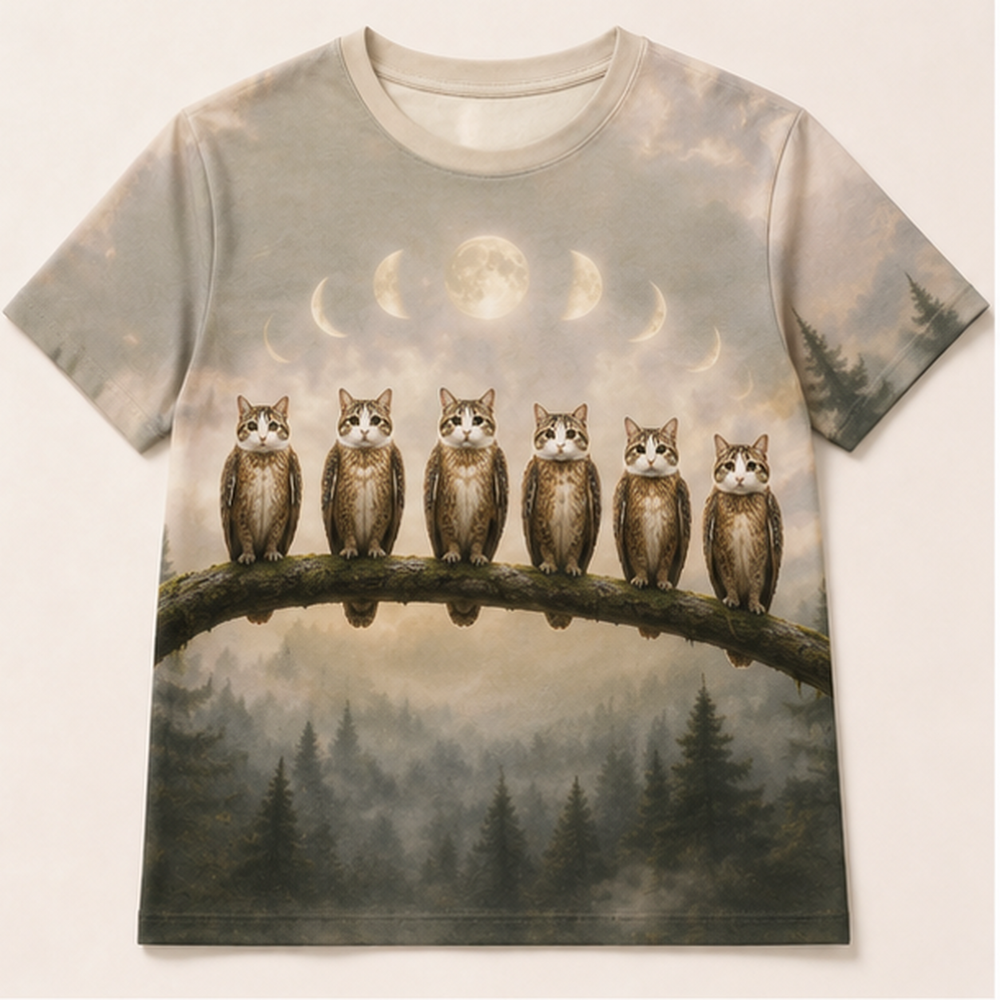 Moon Phase Perches — Meowl AOP T-Shirt — front view