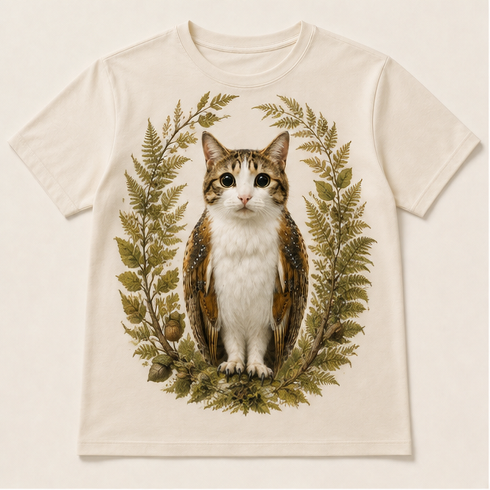 Botanical Specimen Frame: Fern Frame Study — Meowl AOP T-Shirt — front view