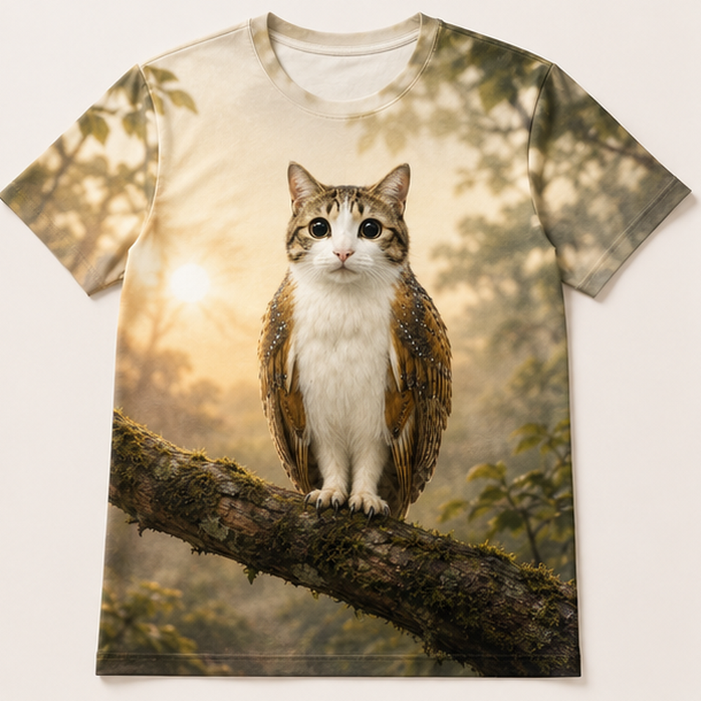 Front Dawn, Back Night — Meowl AOP T-Shirt — front view