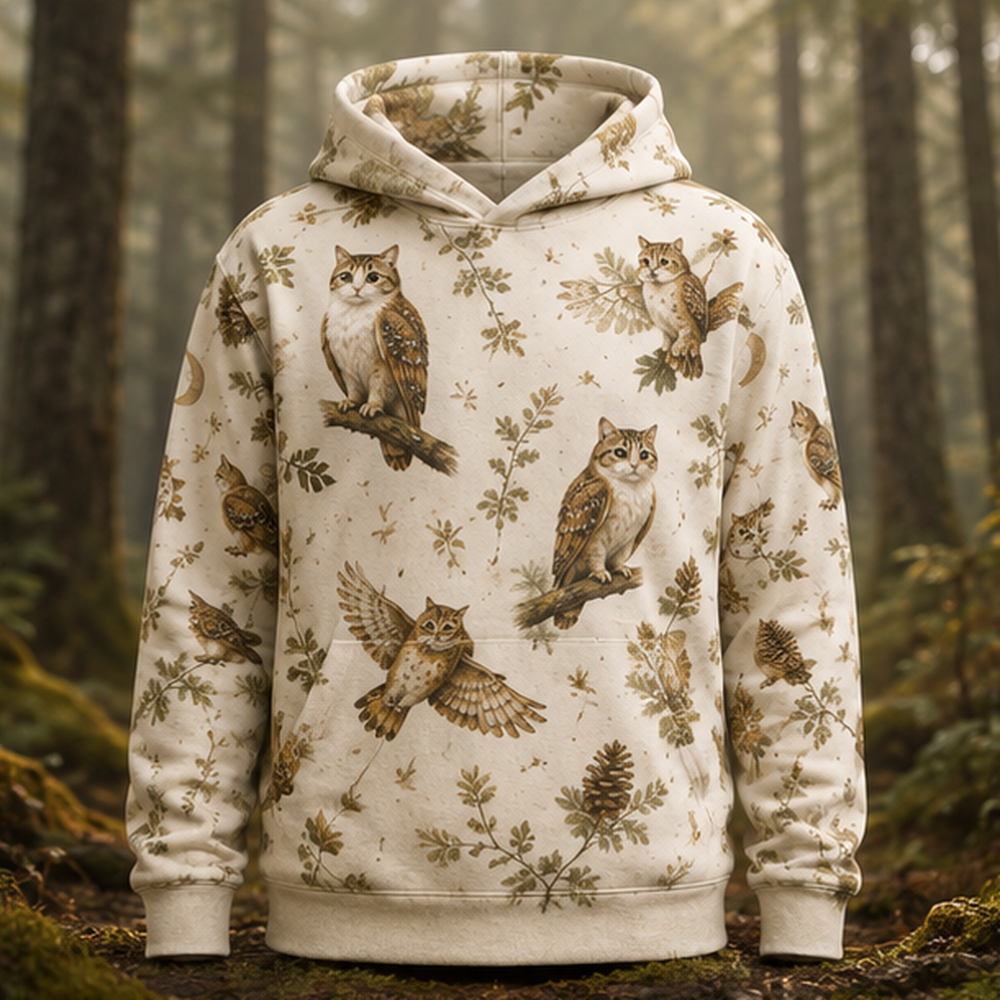 Woodland Totem Pattern After Hours — Meowl AOP Hoodie — front view