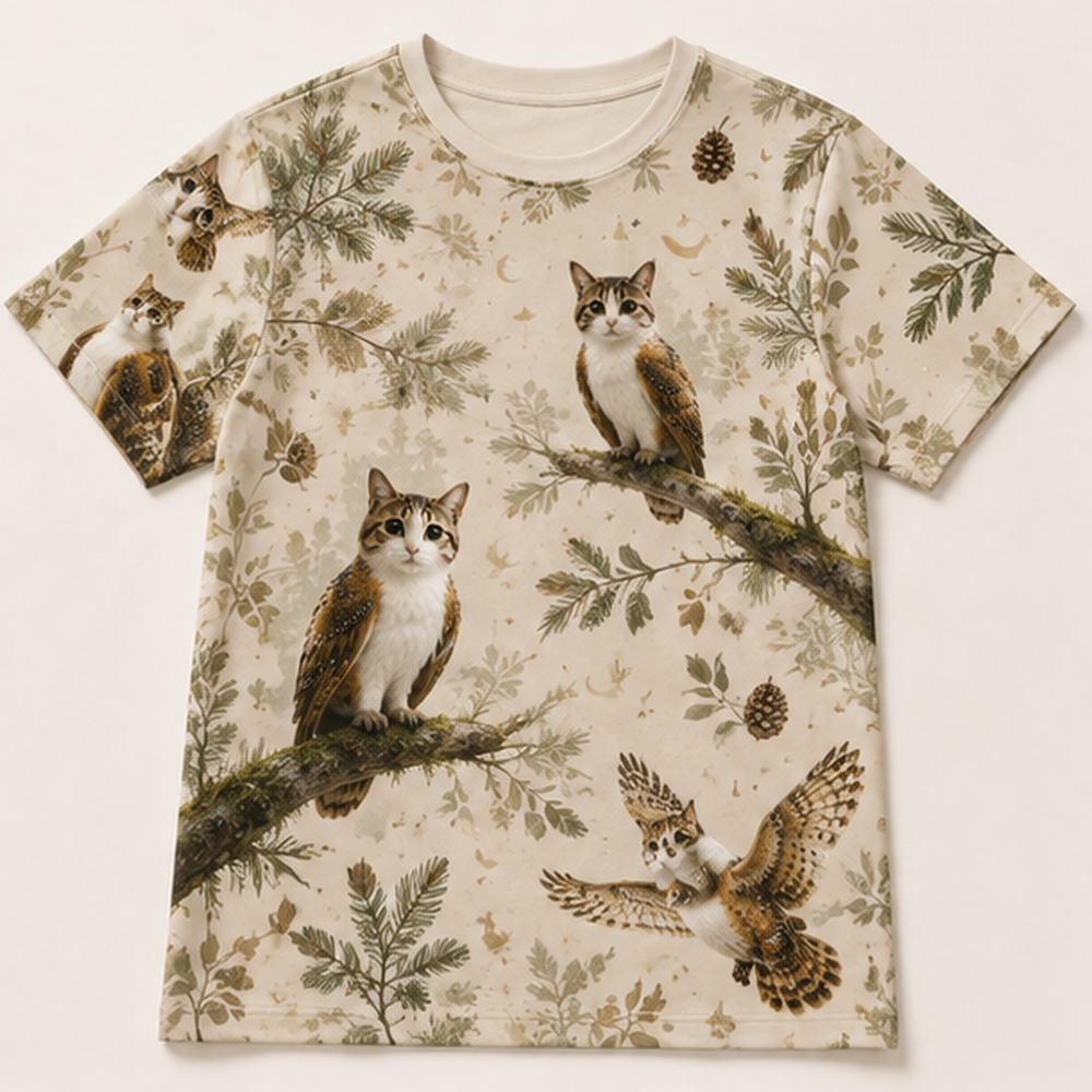 Woodland Totem Pattern — Meowl AOP T-Shirt — front view