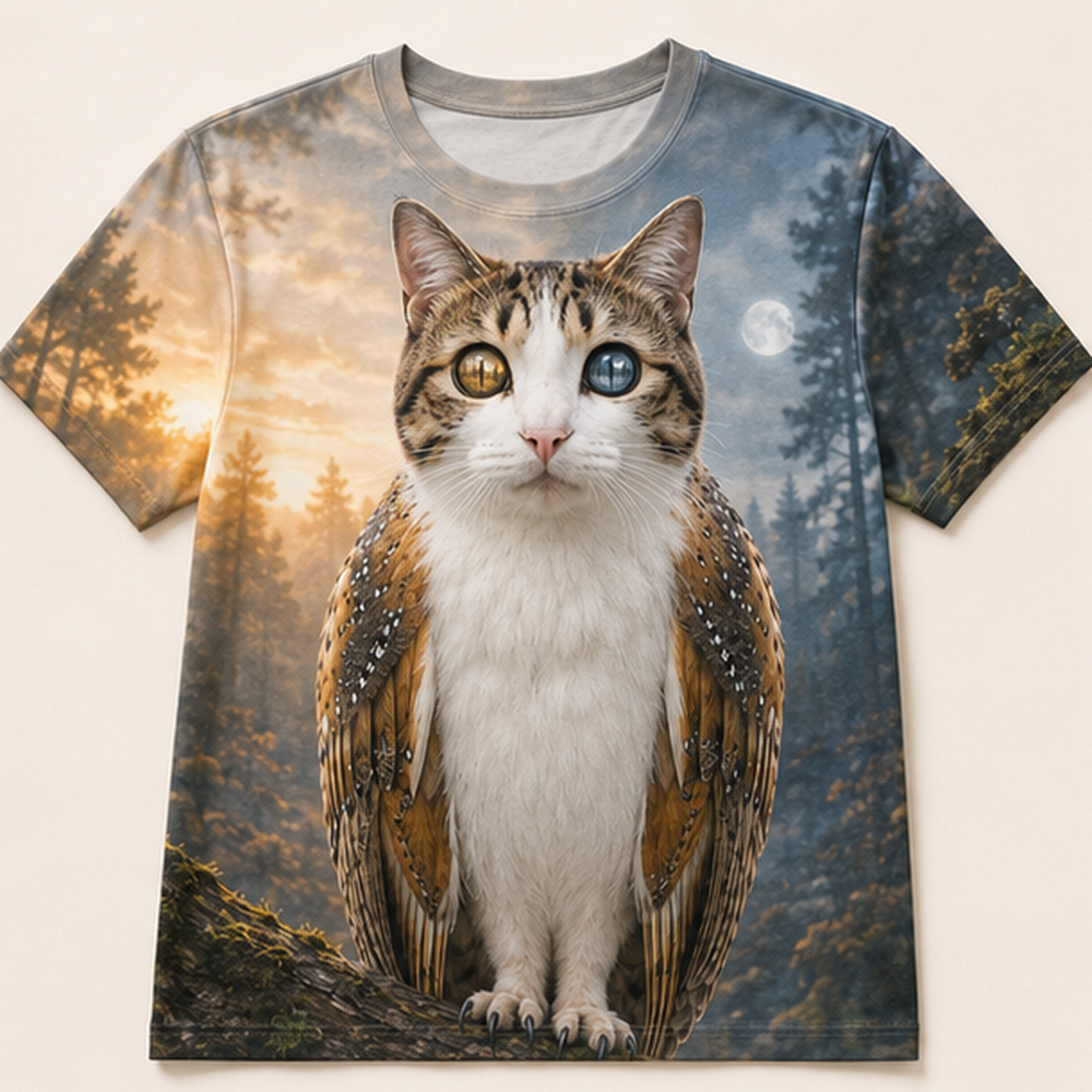 Forests in the Eyes — Meowl AOP T-Shirt — front view