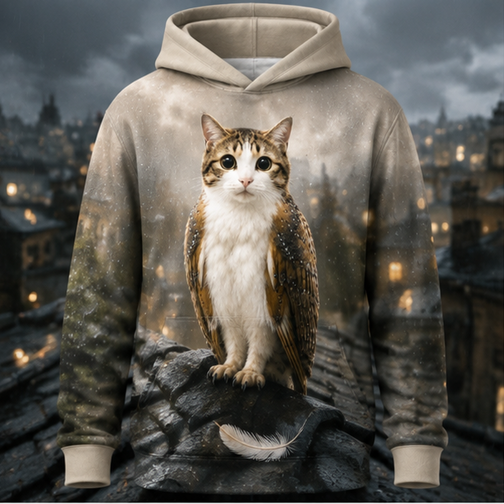 Rainy Rooftop Silence After Hours — Meowl AOP Hoodie — front view