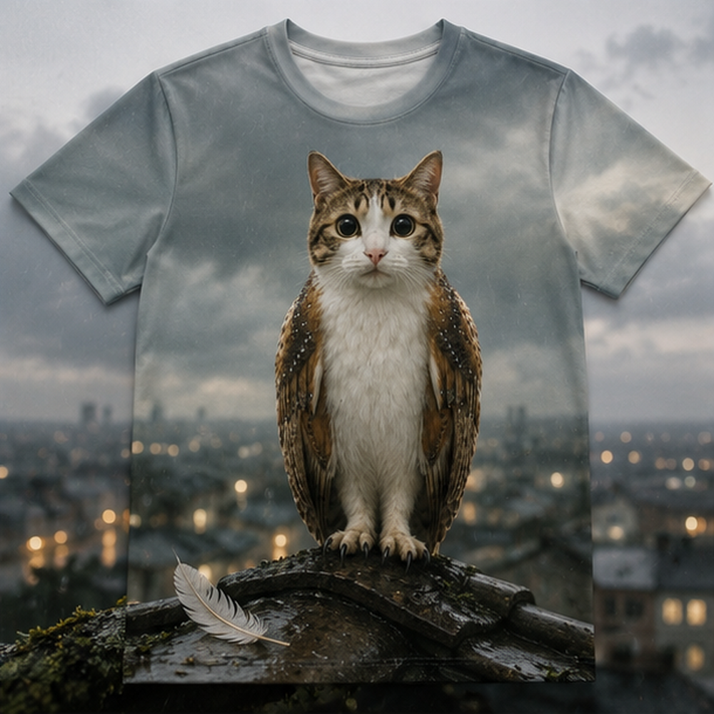 Rainy Rooftop Silence — Meowl AOP T-Shirt — front view