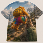 Rainbow Shorts Adventure Cat — Mountain Aid Pack All-Over T-Shirt — true back or opposite-side view