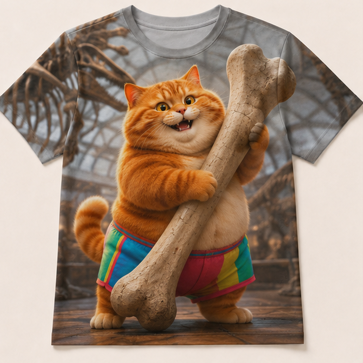 Rainbow Shorts Adventure Cat — Museum Bone Puzzle All-Over T-Shirt — front view