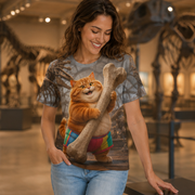 Rainbow Shorts Adventure Cat — Museum Bone Puzzle All-Over T-Shirt — lifestyle view