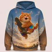 Rainbow Shorts Adventure Cat — Half-Pipe Turn Story-Back All-Over Hoodie — front view