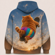 Rainbow Shorts Adventure Cat — Half-Pipe Turn Story-Back All-Over Hoodie — true back or opposite-side view