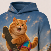 Rainbow Shorts Adventure Cat — Half-Pipe Turn Story-Back All-Over Hoodie — print detail