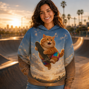 Rainbow Shorts Adventure Cat — Half-Pipe Turn Story-Back All-Over Hoodie — lifestyle view