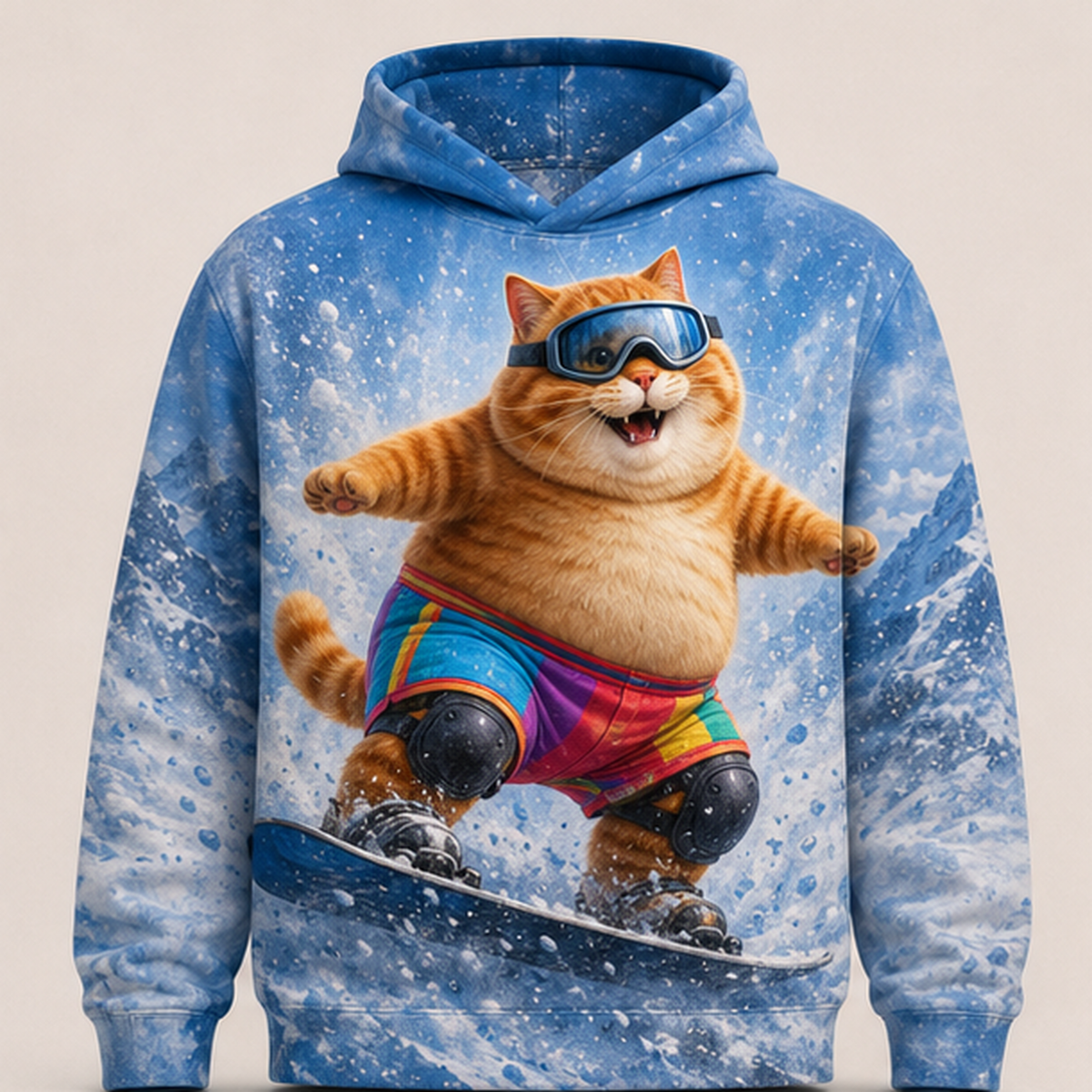 Rainbow Shorts Adventure Cat — Powder Champion Story-Back All-Over Hoodie — front view