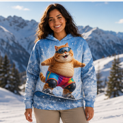 Rainbow Shorts Adventure Cat — Powder Champion Story-Back All-Over Hoodie — lifestyle view