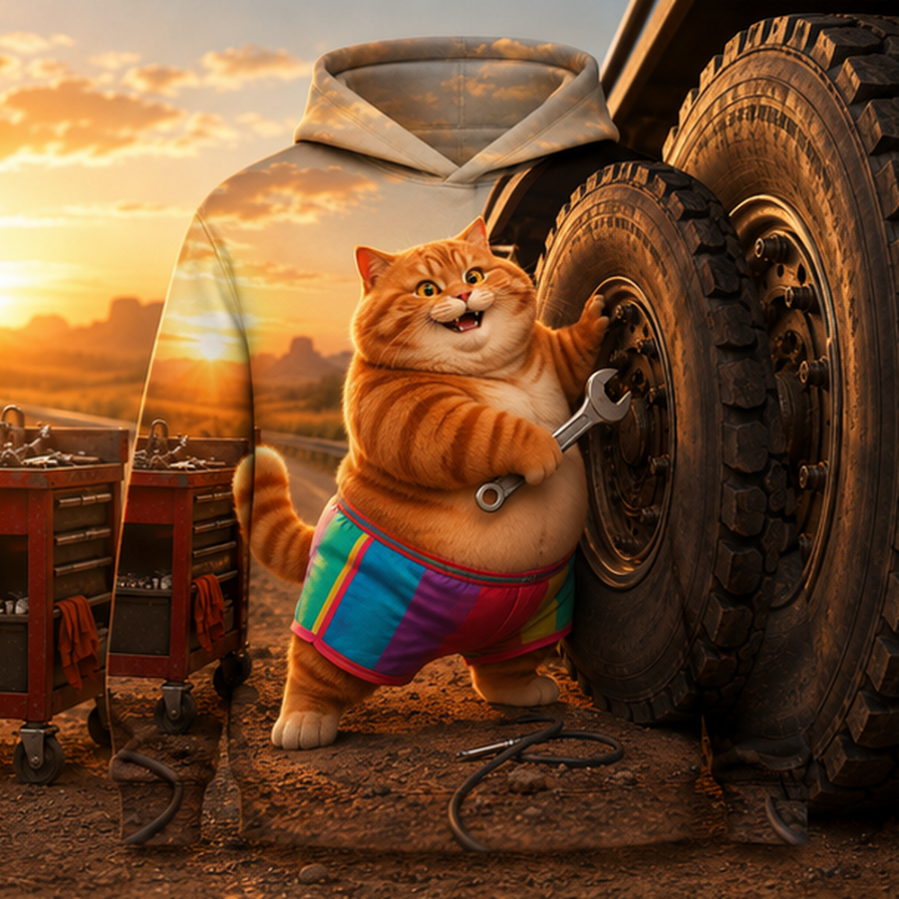 Rainbow Shorts Adventure Cat — Roadside Big Tire Story-Back All-Over Hoodie — front view