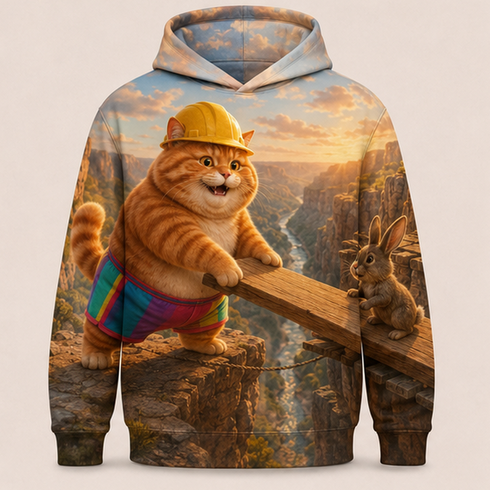 Rainbow Shorts Adventure Cat — Final Bridge Plank Story-Back All-Over Hoodie — front view