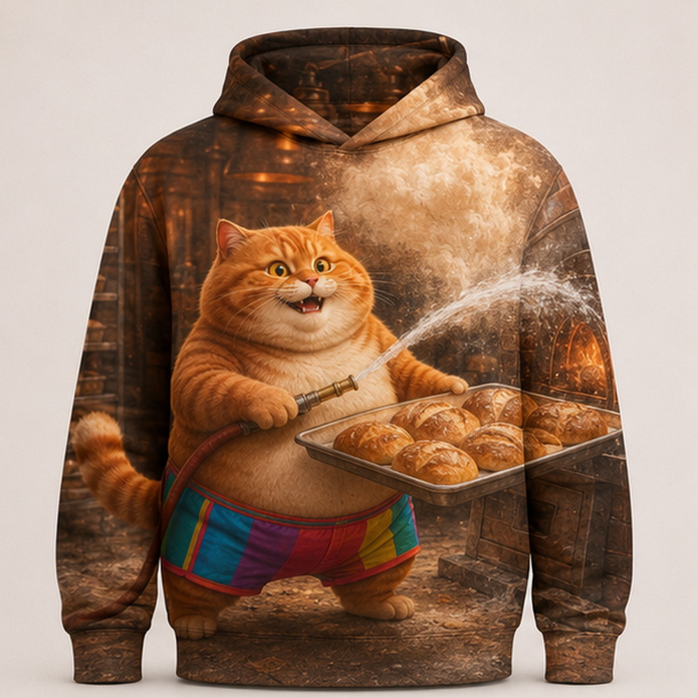 Rainbow Shorts Adventure Cat — Bakery Flour Cloud Story-Back All-Over Hoodie — front view