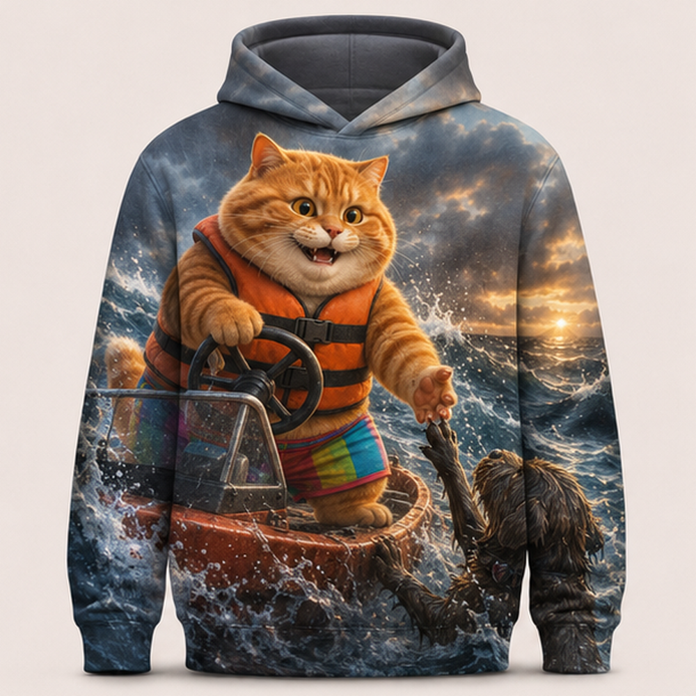Rainbow Shorts Adventure Cat — Storm Boat Rescue Story-Back All-Over Hoodie — front view