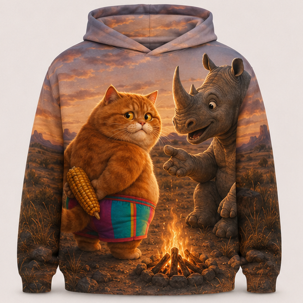 Rainbow Shorts Adventure Cat — Prairie Corn Secret Story-Back All-Over Hoodie — front view