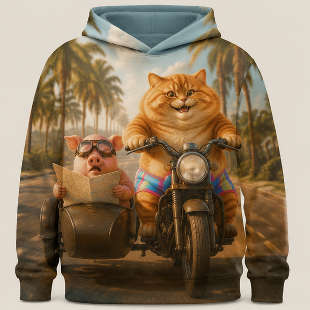 Rainbow Shorts Adventure Cat — Tropical Sidecar Story-Back All-Over Hoodie — front view