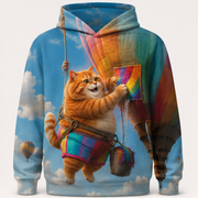 Rainbow Shorts Adventure Cat — Balloon Sky Patch Story-Back All-Over Hoodie — front view