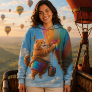 Rainbow Shorts Adventure Cat — Balloon Sky Patch Story-Back All-Over Hoodie — lifestyle view
