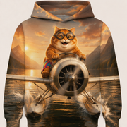 Rainbow Shorts Adventure Cat — Seaplane Touchdown Story-Back All-Over Hoodie — front view