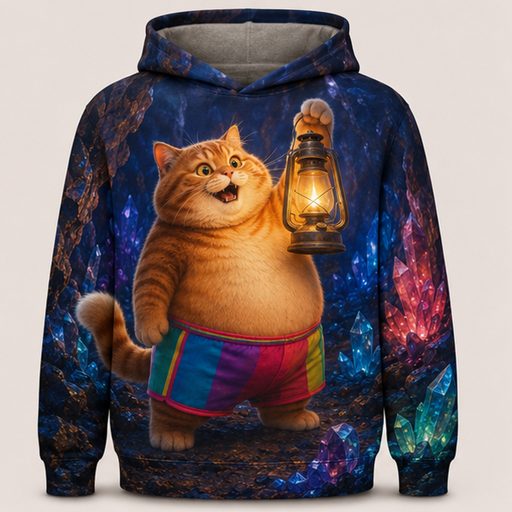 Rainbow Shorts Adventure Cat — Gem Cavern Glow Story-Back All-Over Hoodie — front view