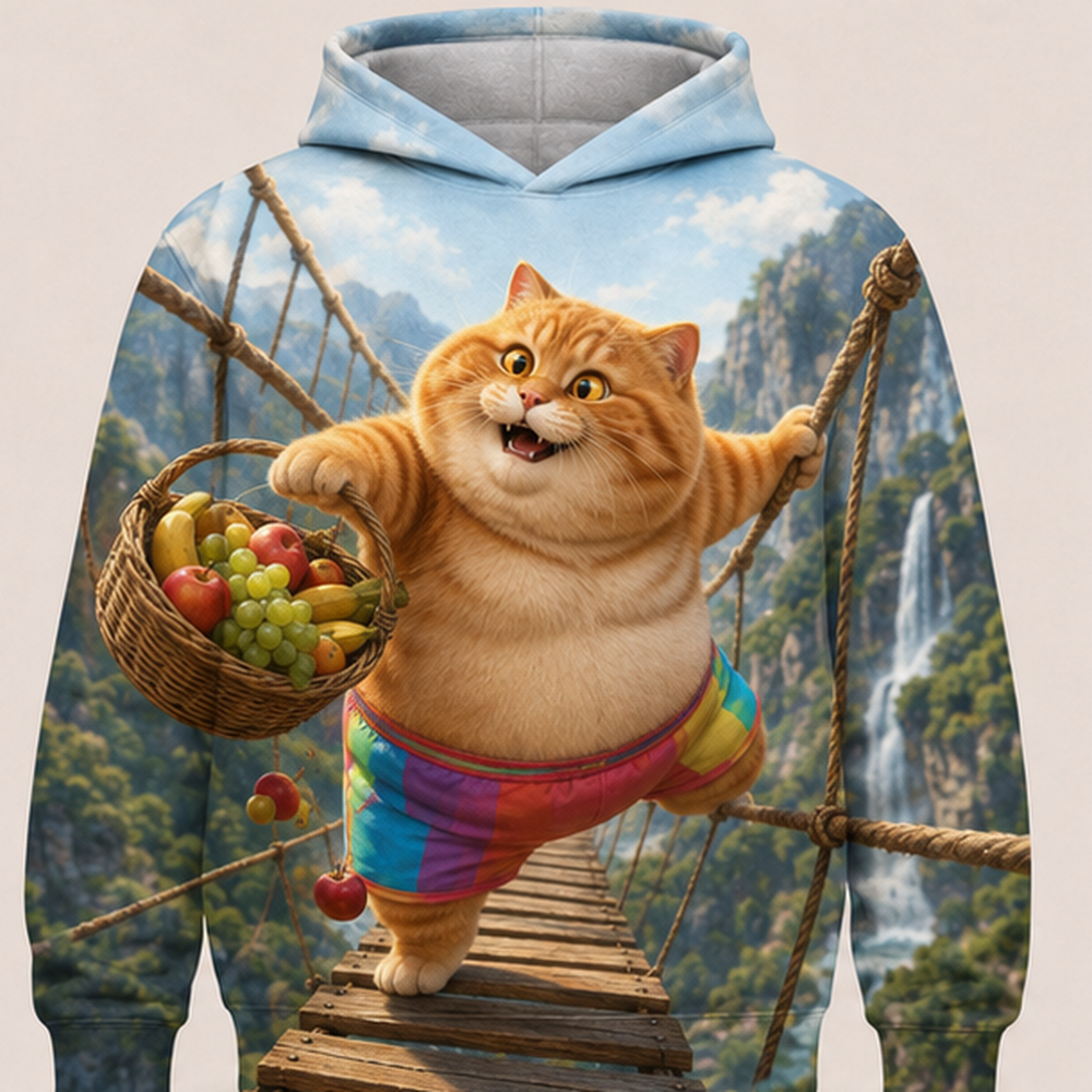 Rainbow Shorts Adventure Cat — Rope-Bridge Fruit Catch Story-Back All-Over Hoodie — front view