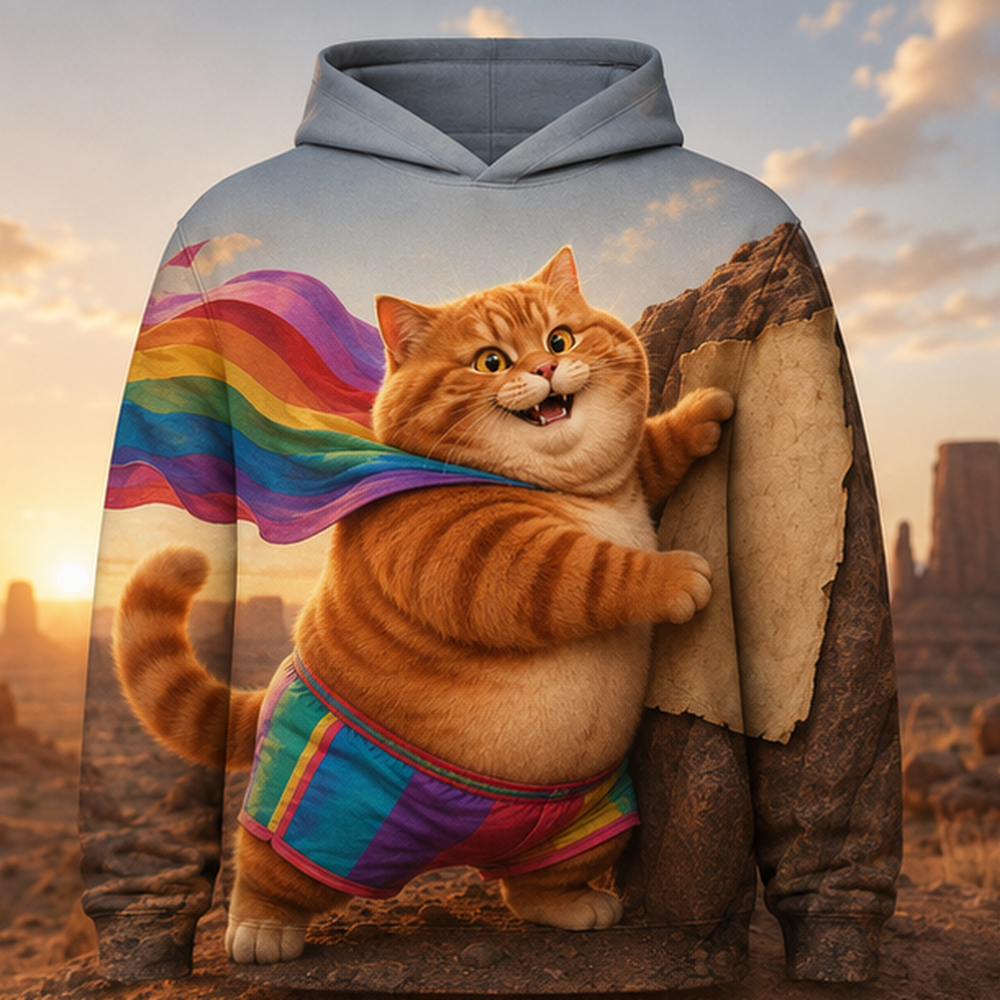 Rainbow Shorts Adventure Cat — Sandstorm Map Story-Back All-Over Hoodie — front view