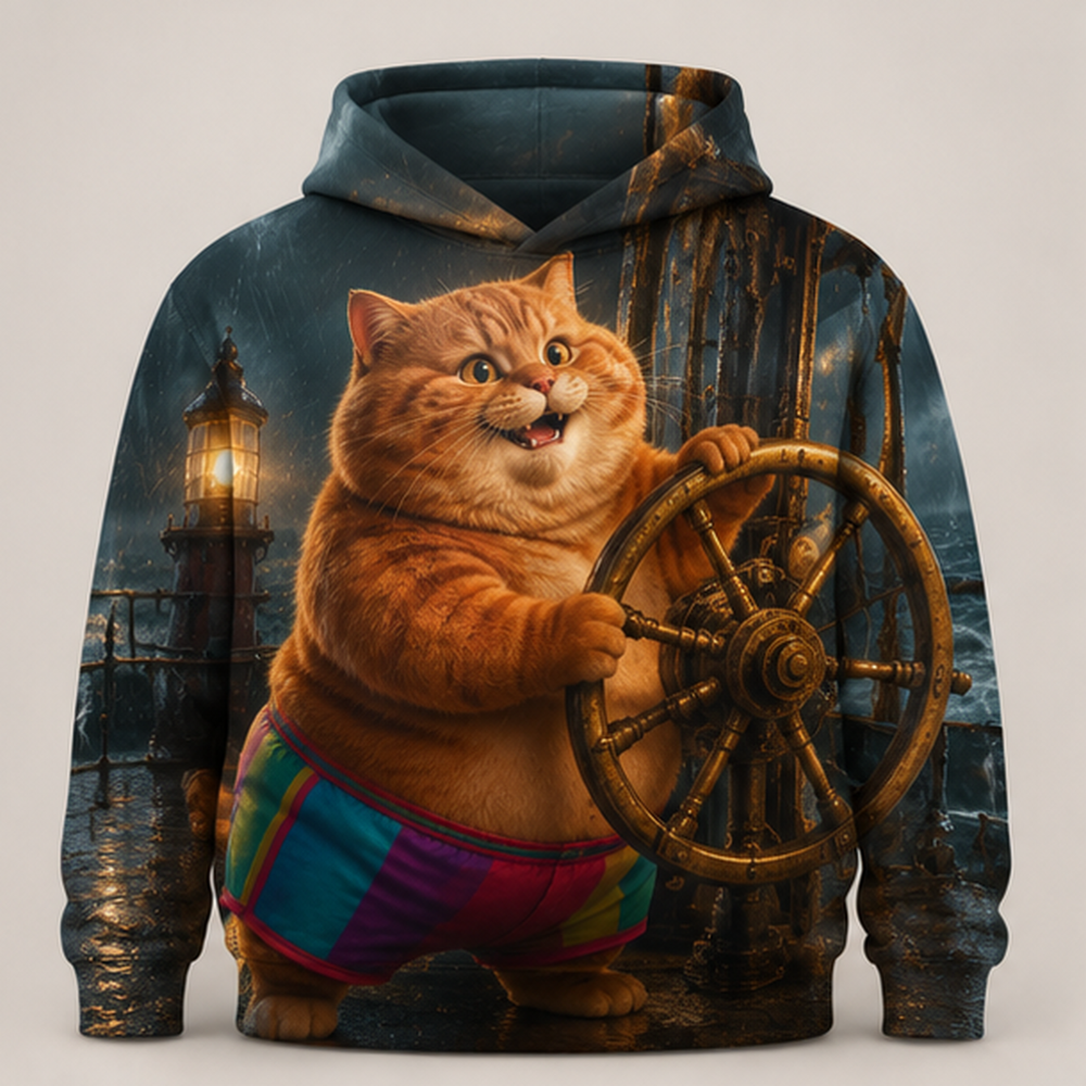 Rainbow Shorts Adventure Cat — Lighthouse Wheel Story-Back All-Over Hoodie — front view